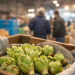 長野市場の早朝の競り場で並ぶ新鮮なふきのとう