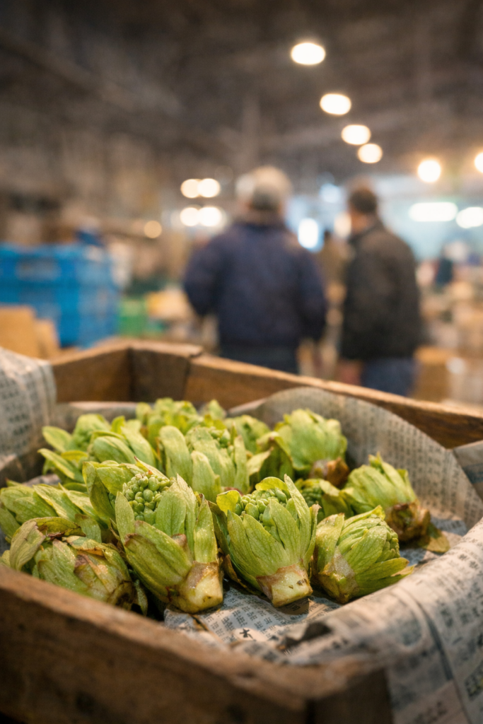 長野市場の早朝の競り場で並ぶ新鮮なふきのとう