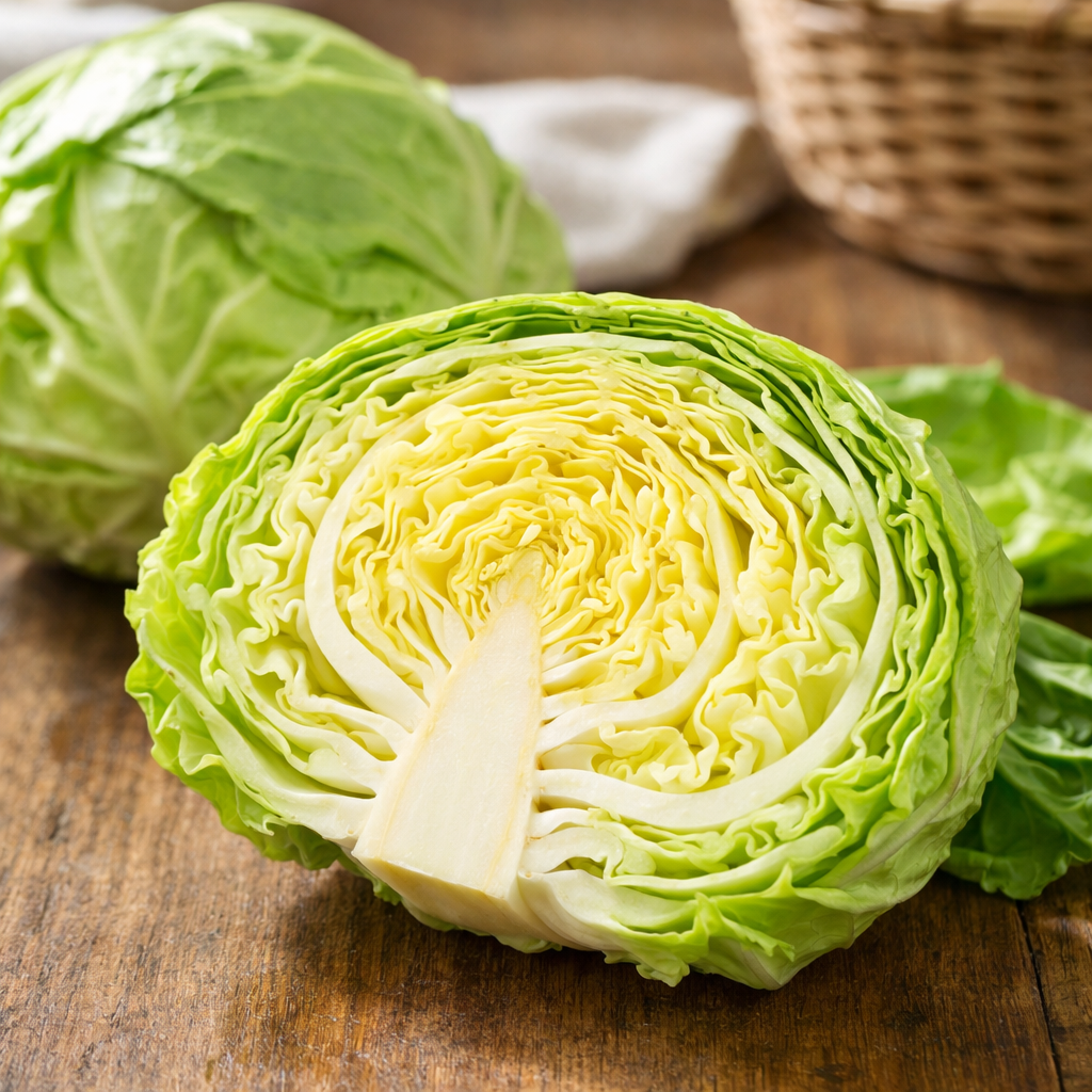 春キャベツの断面　柔らかくみずみずしい葉が特徴の春野菜