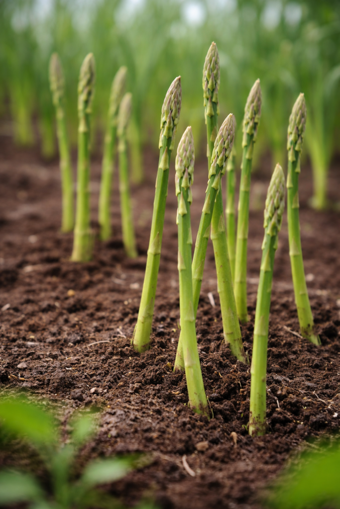 畑から伸びるアスパラガスの新芽。長野でも栽培される春野菜