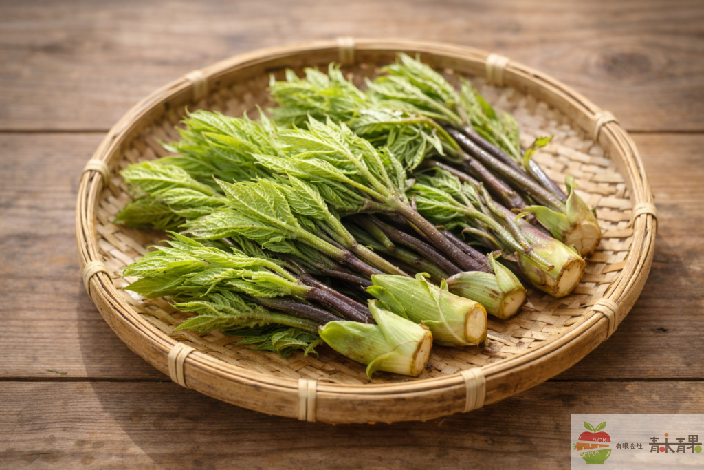 コシアブラ 山菜 収穫後 竹ザル 春の山菜 食材