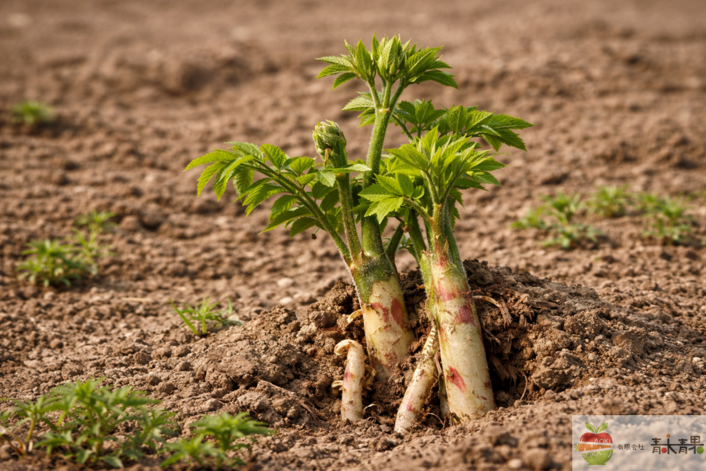 畑で育つ山うどの若芽 春の山菜