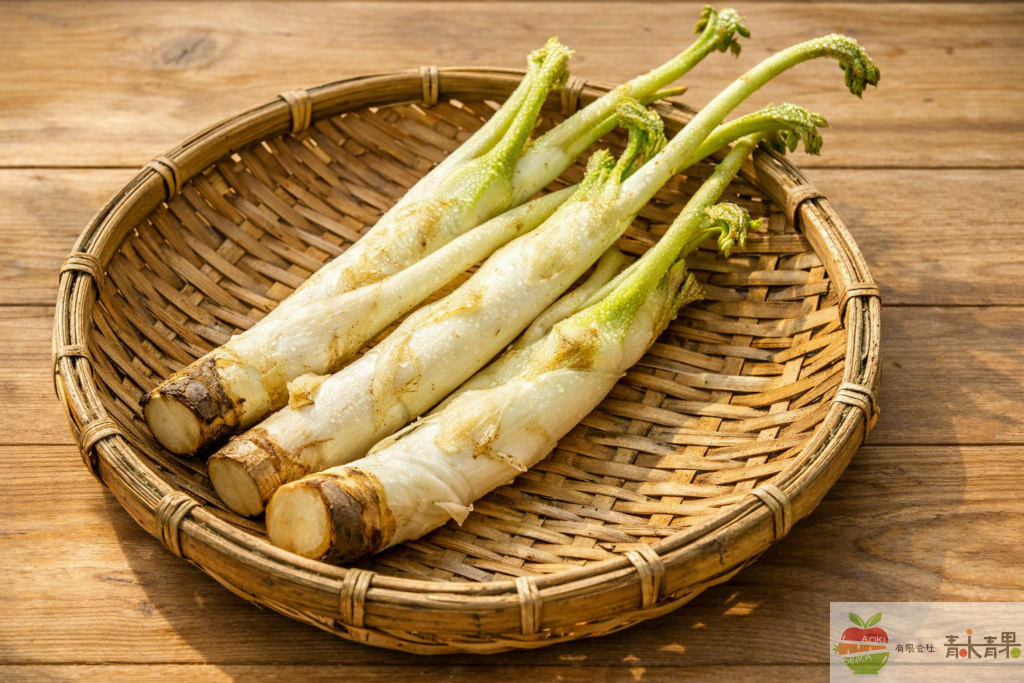 長野県産の山うどを竹ざるに並べた春の山菜