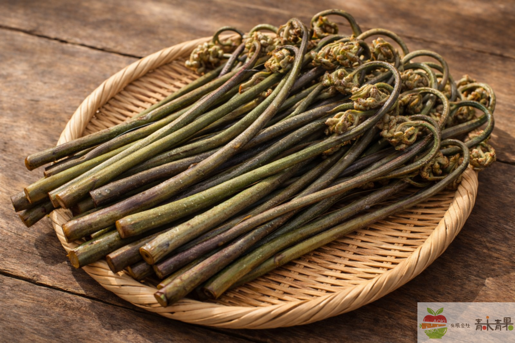 ワラビ 新鮮 山菜 竹ざる 盛り 仕入れ 食材