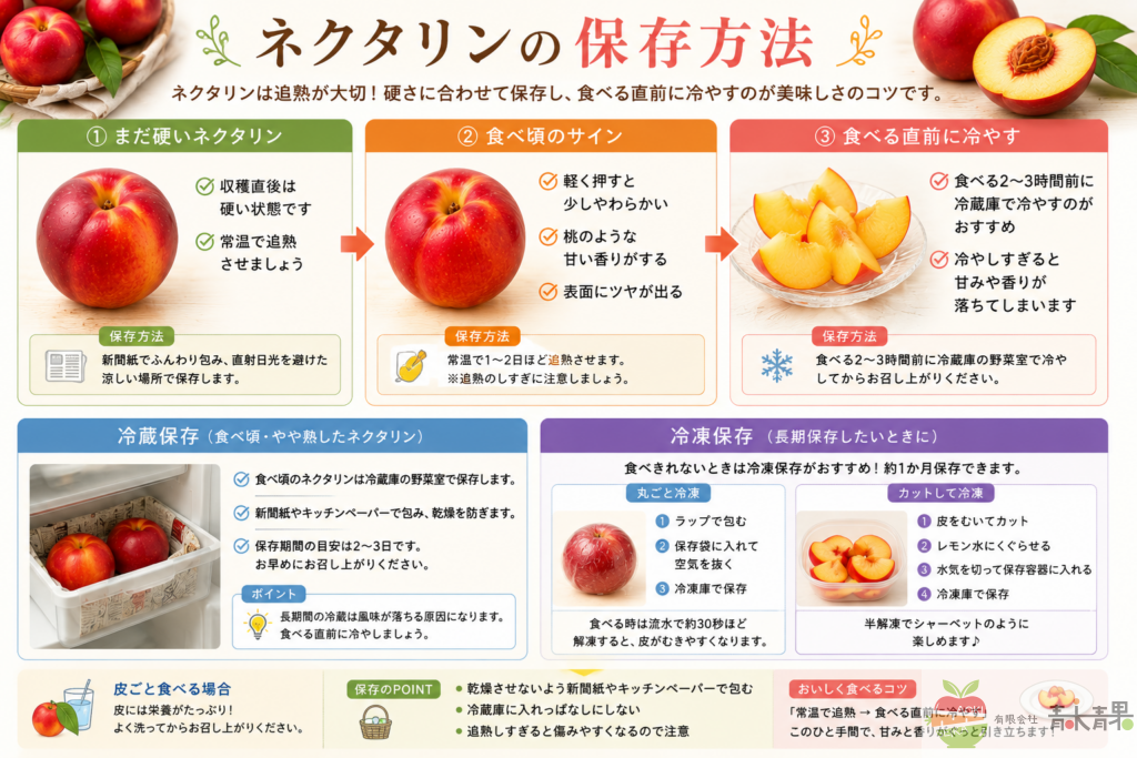 ネクタリンの追熟方法や冷蔵保存、冷凍保存方法を解説した画像。